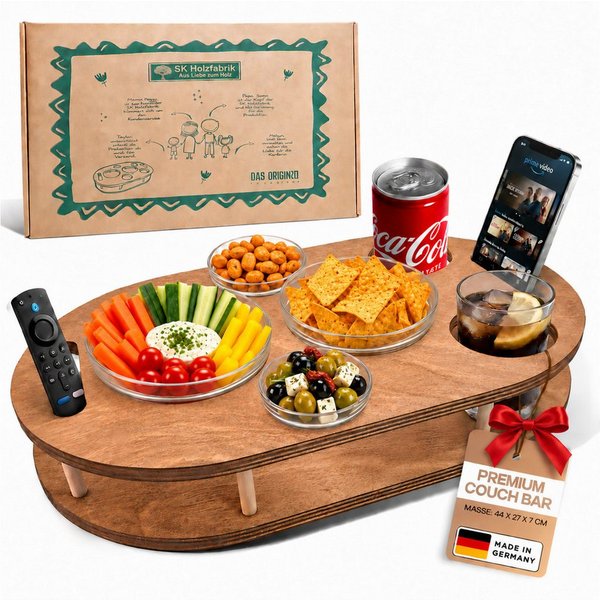 PEGSEN Servierplatte Couchbar Snackbox mit 4 Snackschalen Couch Tablett, Birkenholz, (Set, 5-tlg., 4x Glasschalen), Getränke & Snacks stehen stabil