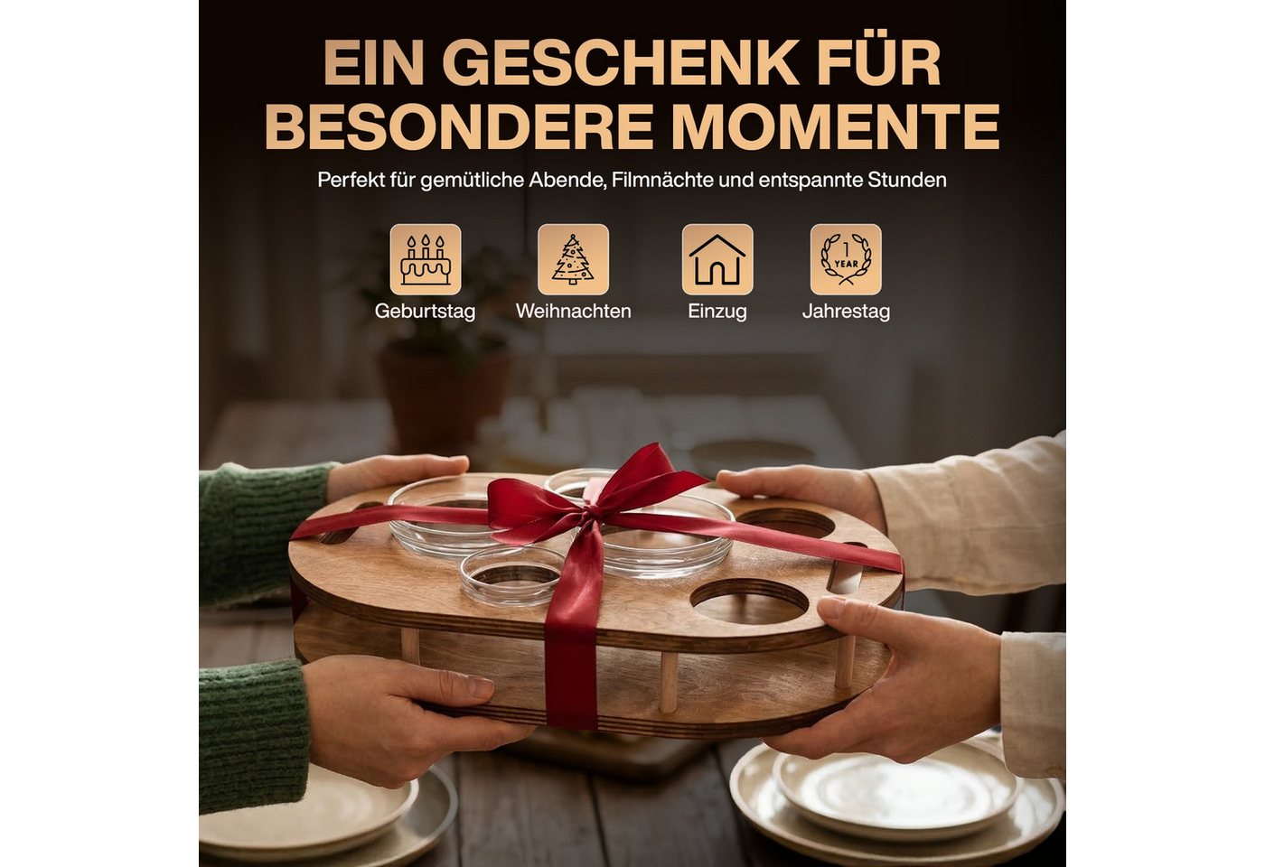 PEGSEN Servierplatte Couchbar Snackbox mit 4 Snackschalen Couch Tablett, Birkenholz, (Set, 5-tlg., 4x Glasschalen), Getränke & Snacks stehen stabil – Bild 2 von 5