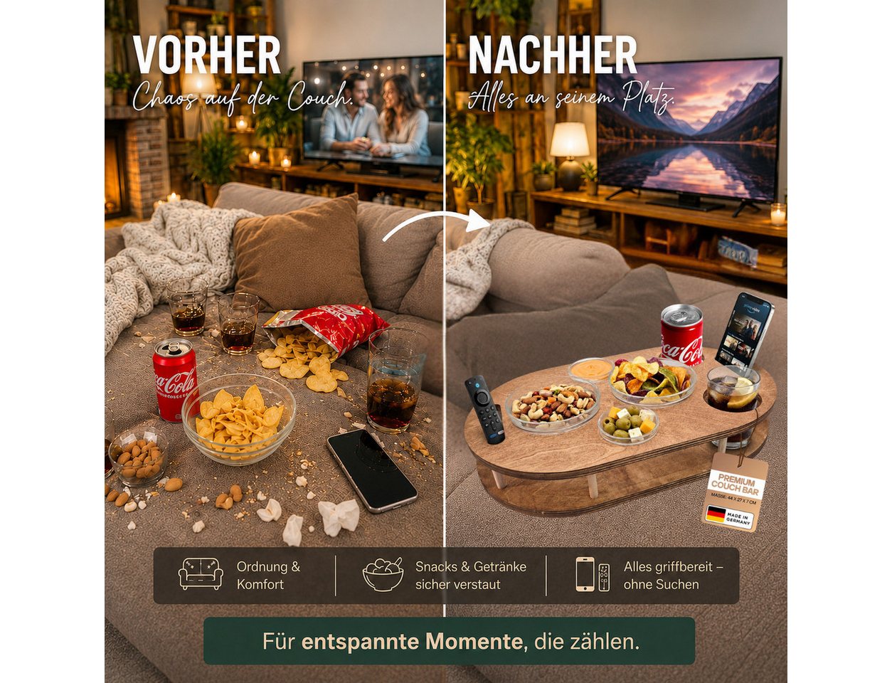 PEGSEN Servierplatte Couchbar Snackbox mit 4 Snackschalen Couch Tablett, Birkenholz, (Set, 5-tlg., 4x Glasschalen), Getränke & Snacks stehen stabil – Bild 3 von 5