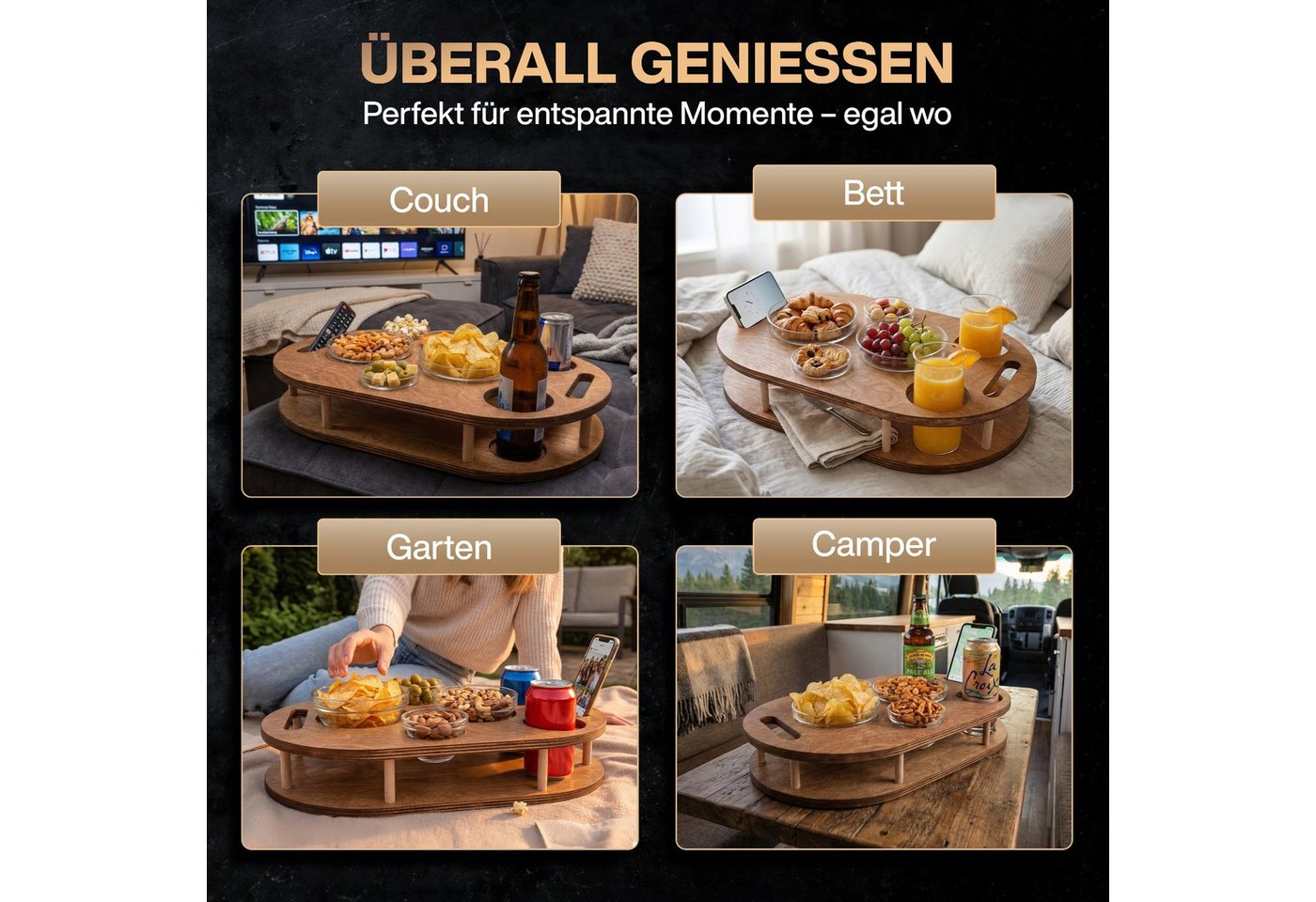 PEGSEN Servierplatte Couchbar Snackbox mit 4 Snackschalen Couch Tablett, Birkenholz, (Set, 5-tlg., 4x Glasschalen), Getränke & Snacks stehen stabil – Bild 4 von 5