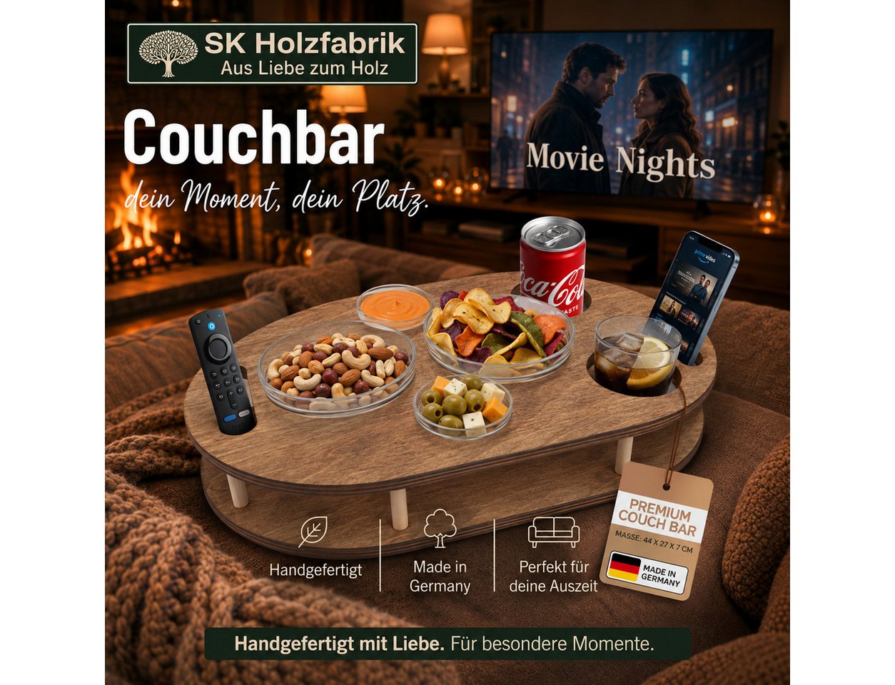 PEGSEN Servierplatte Couchbar Snackbox mit 4 Snackschalen Couch Tablett, Birkenholz, (Set, 5-tlg., 4x Glasschalen), Getränke & Snacks stehen stabil – Bild 5 von 5