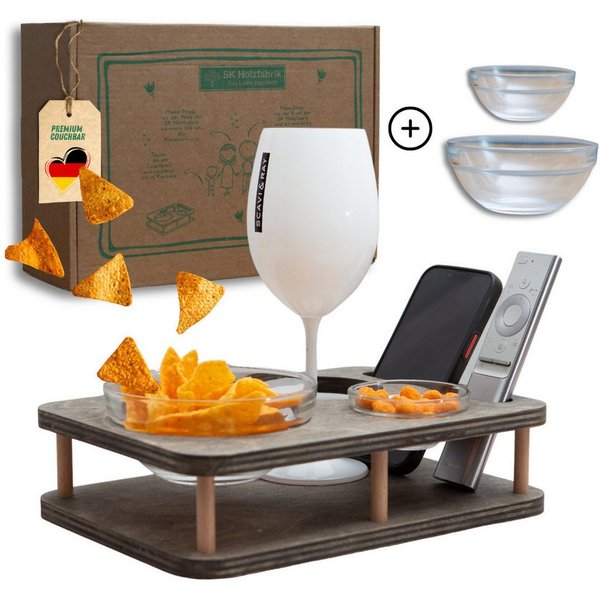 PEGSEN Servierplatte Couchbar Sofa Tablett YOLO mit 2 Snackschalen, Birkenholz, (Set, 3-tlg., mit lebensmittelechten Glasschalen), passend für Kaffeetassen, 0,5