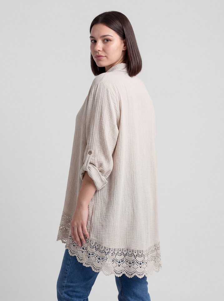 PEKIVESSA Longbluse Oversized Musselin Longbluse mit Häkelspitze am Saum – Bild 3 von 5
