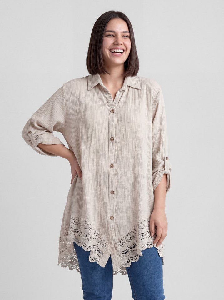 PEKIVESSA Longbluse Oversized Musselin Longbluse mit Häkelspitze am Saum – Bild 4 von 5