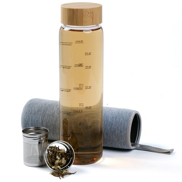 Penelife Isolierflasche Teeflasche mit Sieb to go 1l Trinkflasche mit Edelstahl Sieb, Borosilikatglas, 1 Liter Volumen