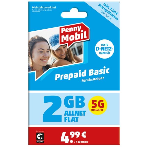 Penny Mobil Prepaid Basic Simkarte mit 7,50 € Startguthaben Prepaidkarte, (EU-Roaming inkl. Schweiz)