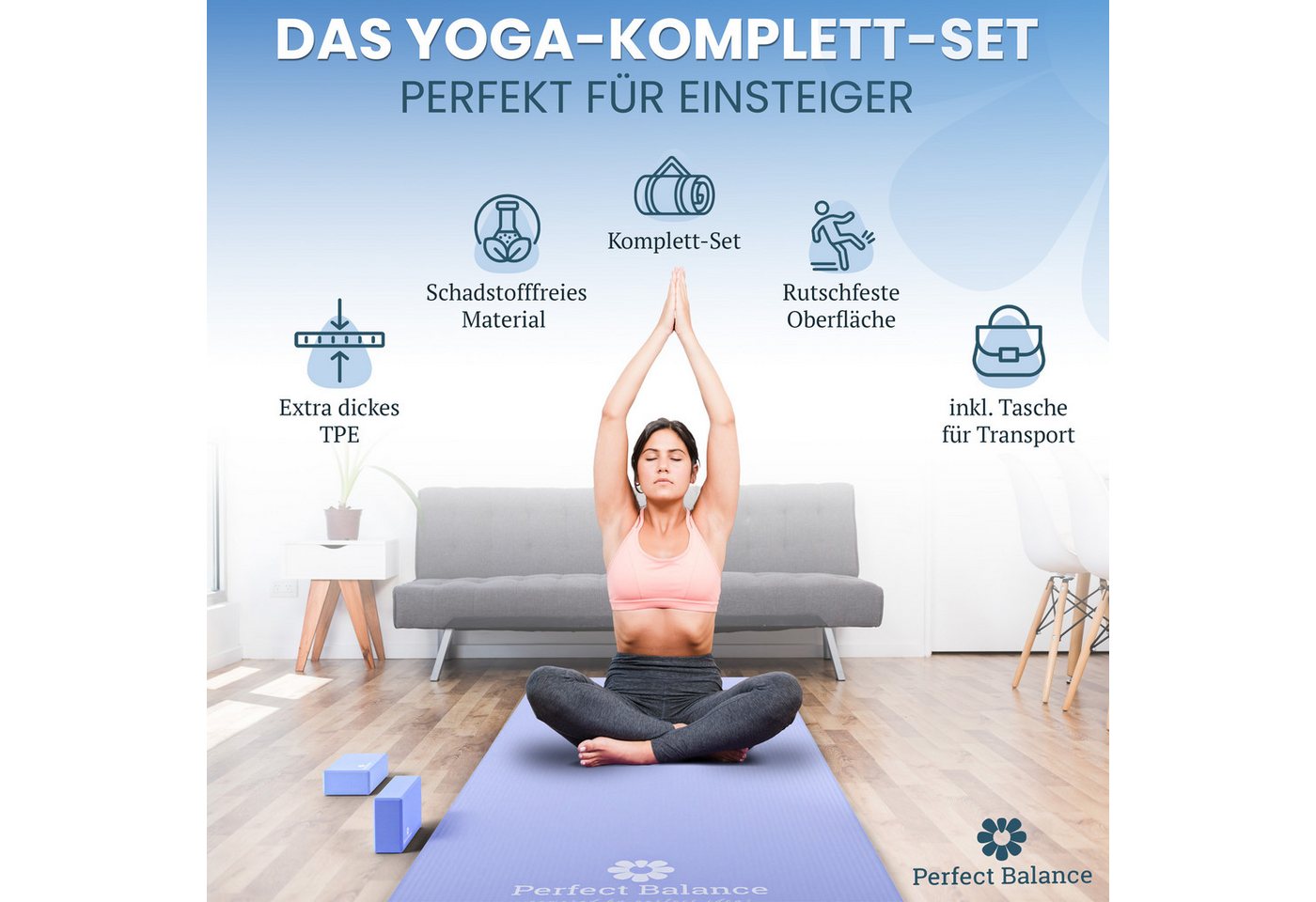 Perfect Balance Yogamatte Yoga Matten Set mit Retro-Baumwolltasche und 2 Blöcken – Bild 4 von 5