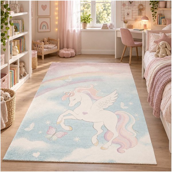 Pergamon Kinderteppich Kinder Teppich Maui Kids Pastell Einhorn, Rechteckig, Höhe: 13 mm