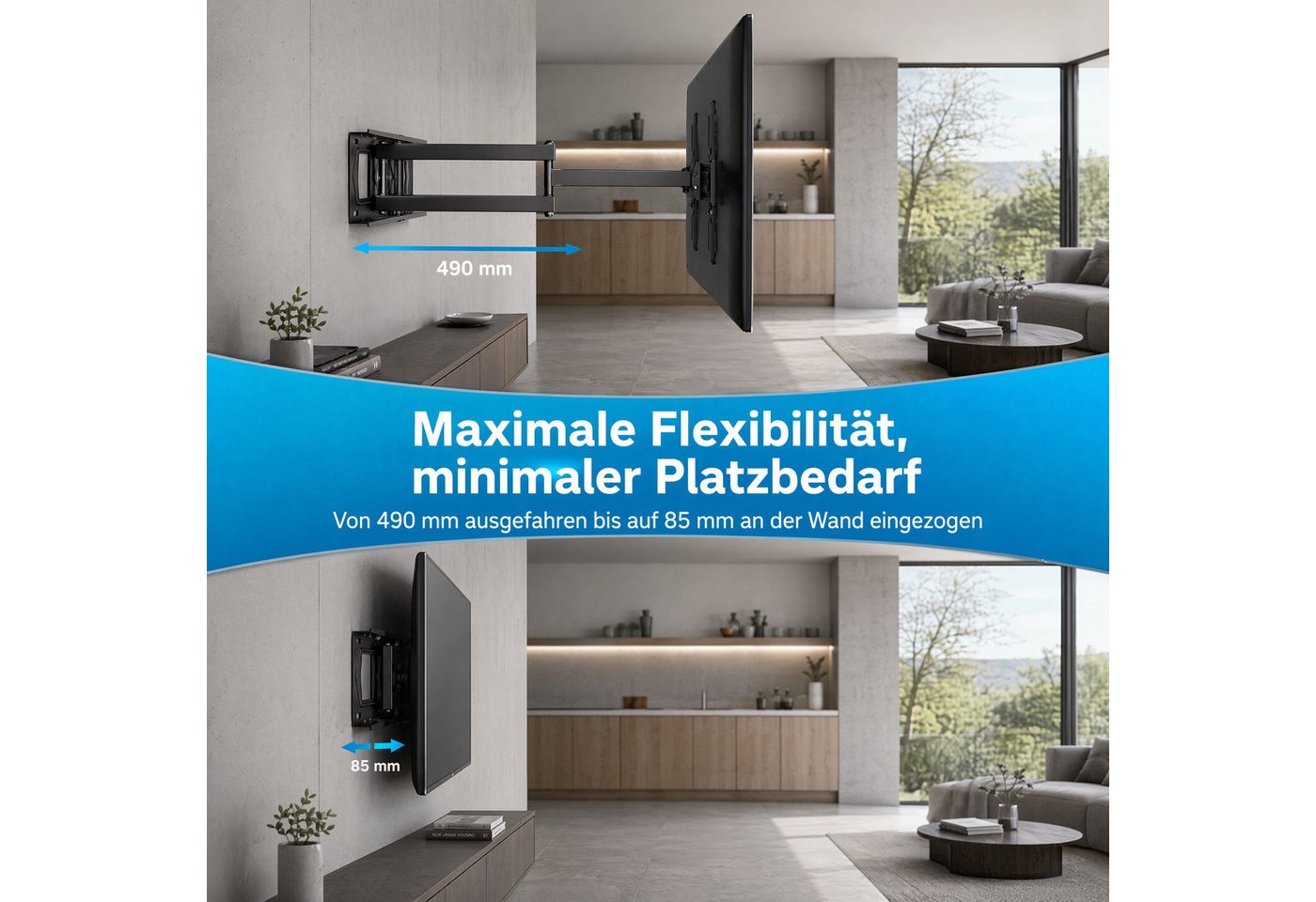 PERLESMITH TV-Wandhalterung TV-Halterung, schwenkbare/neigbare Wandhalterung für 26 - 60Zoll, (bis 60 Zoll, Maximale Tragfähigkeit 40 kg) – Bild 3 von 5