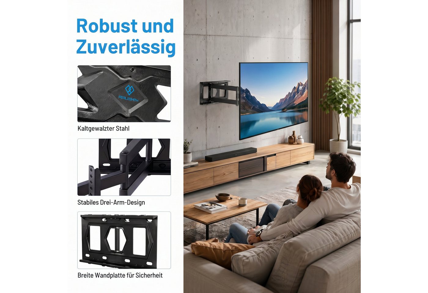PERLESMITH TV-Wandhalterung TV-Halterung, schwenkbare/neigbare Wandhalterung für 26 - 60Zoll, (bis 60 Zoll, Maximale Tragfähigkeit 40 kg) – Bild 5 von 5