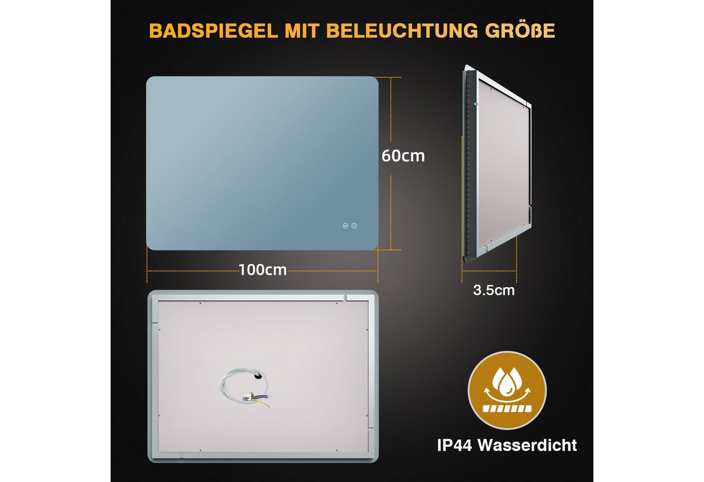 PESENXAN Badspiegel mit Beleuchtung, LED Badezimmerspiegel mit 3 Lichtfarben, Dimmbar (1-St), Speicherfunktion, Touch-Schalter, IP44 Wasserdicht, 100x60cm – Bild 2 von 5