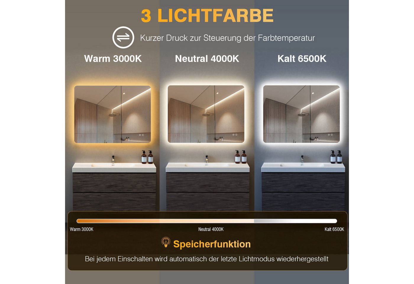 PESENXAN Badspiegel mit Beleuchtung, LED Badezimmerspiegel mit 3 Lichtfarben, Dimmbar (1-St), Speicherfunktion, Touch-Schalter, IP44 Wasserdicht, 100x60cm – Bild 4 von 5