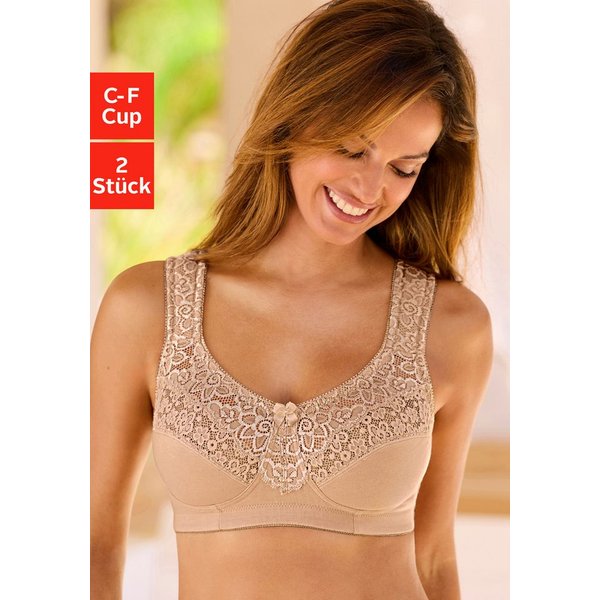 petite fleur by Lascana Entlastungs-BH, BH ohne Bügel, bügelloser BH, Komfort-BH, Baumwoll-BH (Packung, 2 Stück) mit breiten Trägern & Spitzeneinsätzen, große G