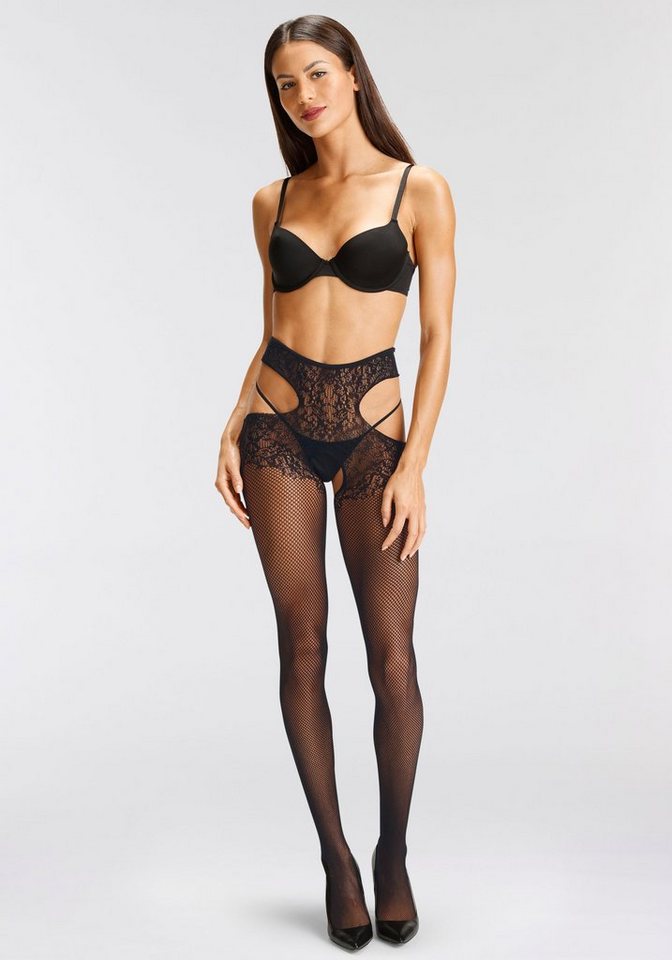 petite fleur gold Ouvert Strumpfhose Strapsstrumpfhose Fishnet Stocking, Netzstrümpfe mit floralem Muster (Packung 1 St. onesize bis Gr. 50) mit eingearbeitetem – Bild 2 von 5