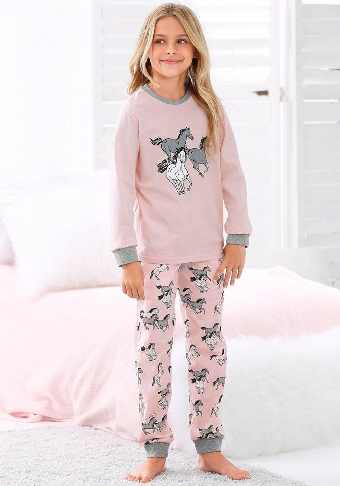 petite fleur Pyjama (2 tlg., 1 Set) langer Schlafanzug mit Pferdedruck, Rundhals-Ausschnitt, aus Baumwolle – Bild 2 von 5
