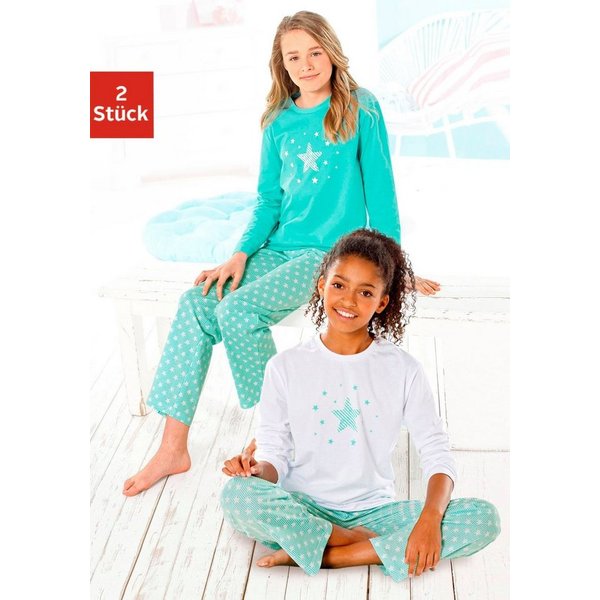petite fleur Pyjama (4 tlg., 2 Sets) langer Schlafanzug mit Sternendruck, aus Baumwolle