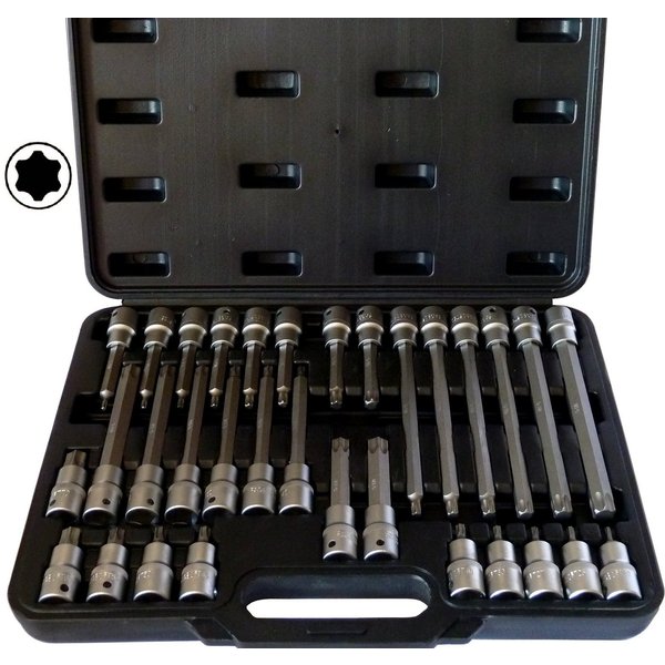 PeTools Bit- und Steckschlüsselset 32tlg Innen-Torx Steckschlüsseleinsätze T20-T70, Bitsatz, S2 Stahl, 32-St.