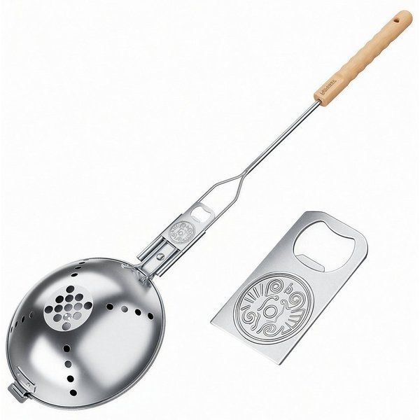 Petromax Popcorn-Pfanne Popcornmaker Popcorn am Lagerfeuer + Flaschemöffner PCMAKER, Edelstahl (1-tlg), integrierte Siebsystem in der oberen Schale