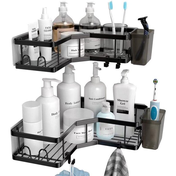 PFCTART Duschablage Ohne Bohren Schwarz Eckregal, Duschregal Schwarz Ecke 2 Stück, Set 2-tlg., Badezimmer Organizer mit 4 Haken, Shower Shelf Dusche Zubehör
