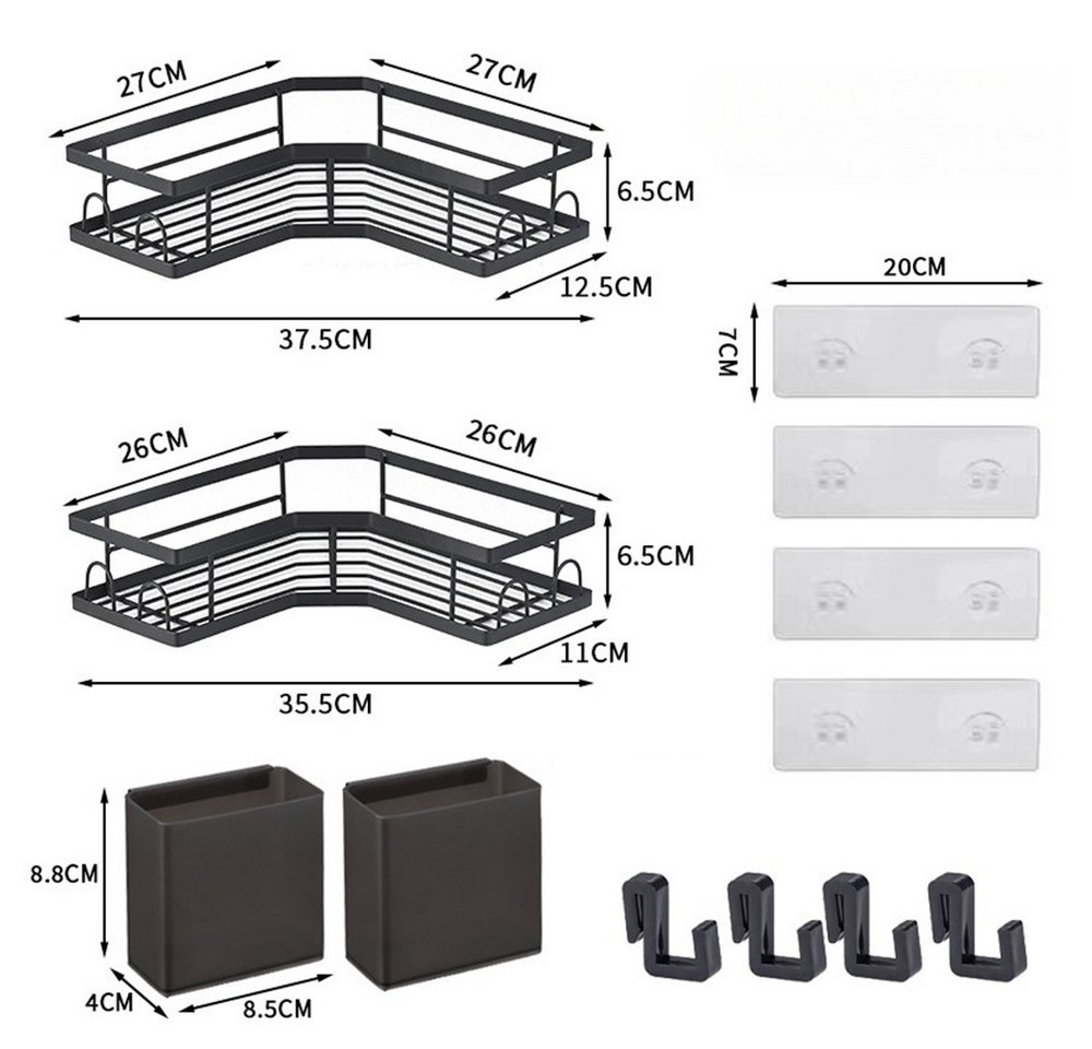PFCTART Duschablage Ohne Bohren Schwarz Eckregal, Duschregal Schwarz Ecke 2 Stück, Set 2-tlg., Badezimmer Organizer mit 4 Haken, Shower Shelf Dusche Zubehör – Bild 2 von 5