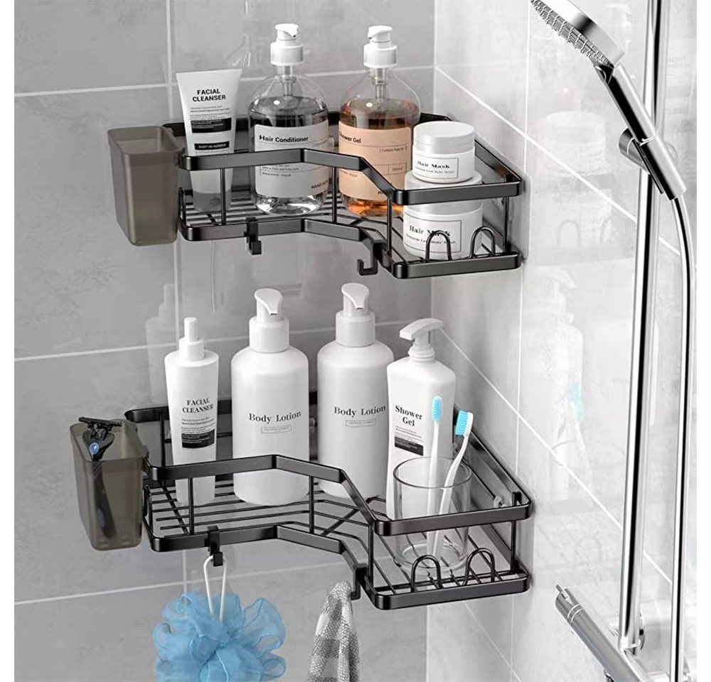 PFCTART Duschablage Ohne Bohren Schwarz Eckregal, Duschregal Schwarz Ecke 2 Stück, Set 2-tlg., Badezimmer Organizer mit 4 Haken, Shower Shelf Dusche Zubehör – Bild 3 von 5