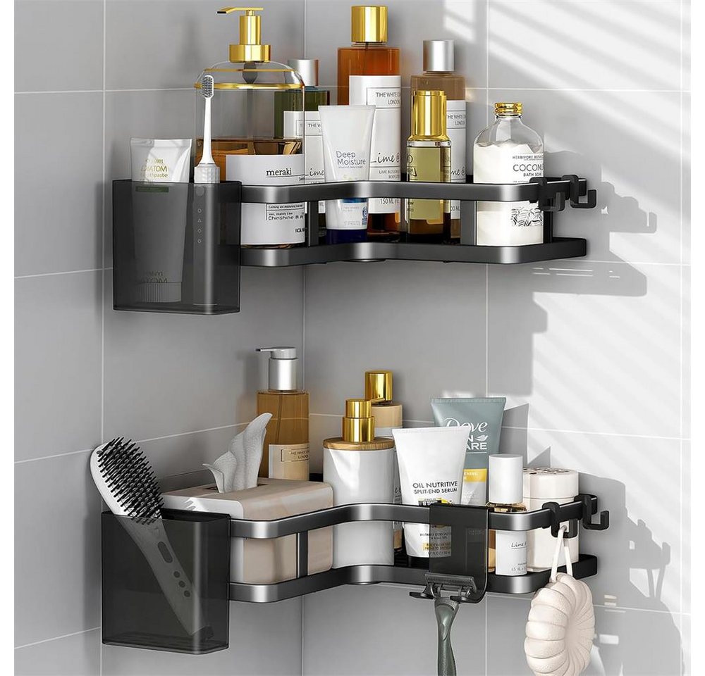 PFCTART Duschablage Ohne Bohren Schwarz Eckregal, Duschregal Schwarz Ecke 2 Stück, Set 2-tlg., Badezimmer Organizer mit 4 Haken, Shower Shelf Dusche Zubehör – Bild 4 von 5