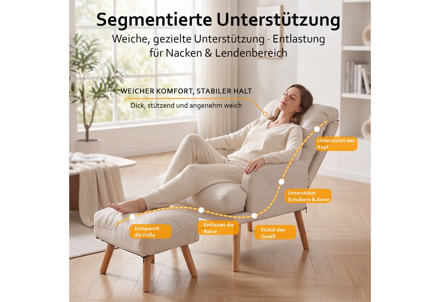 PFCTART Relaxsessel Relaxsessel mit Hocker, Lesesessel & Ohrensessel (Set, 1-St., Für Wohnzimmer, Schlafzimmer, Balkon, ca. 70 x 68 x 92 cm), Bequem, verstellba – Bild 2 von 5