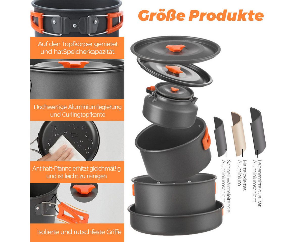 PFCTART Topf-Set Tragbares Camping-Kochset, 16-teiliges Kochgeschirr-Set, Aluminium (16-tlg), Kochtöpfe, Pfannen, Kessel – Bild 3 von 5