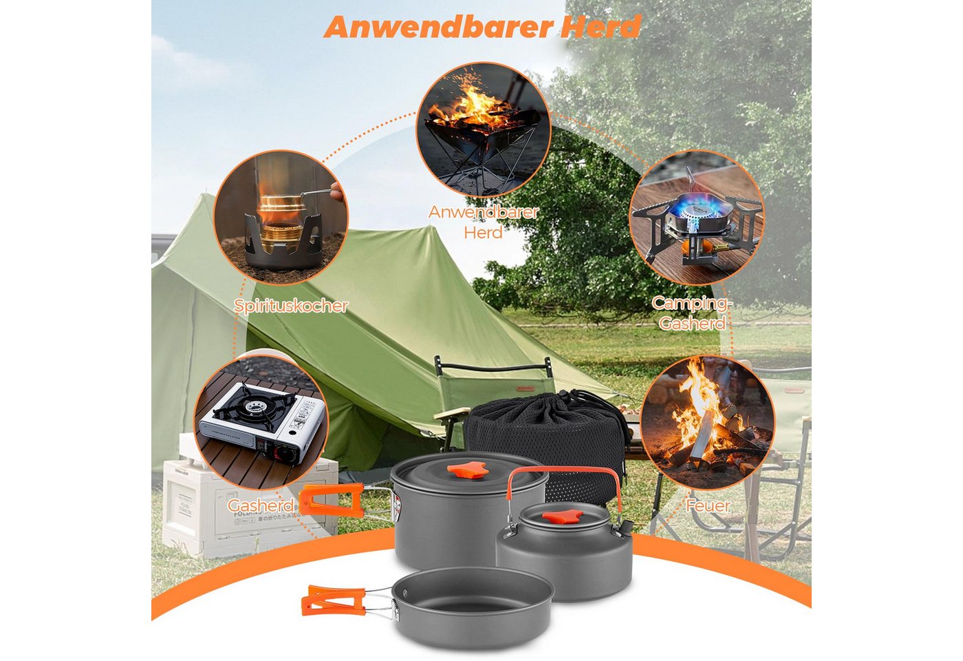 PFCTART Topf-Set Tragbares Camping-Kochset, 16-teiliges Kochgeschirr-Set, Aluminium (16-tlg), Kochtöpfe, Pfannen, Kessel – Bild 5 von 5