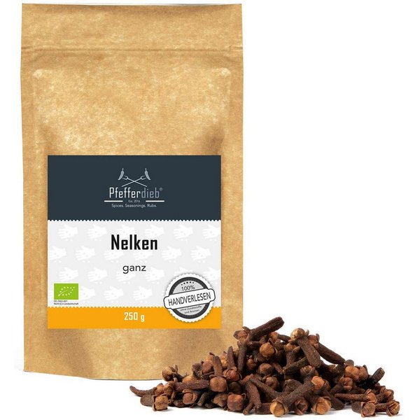 Pfefferdieb Gewürz Nelken handselektiert ganz, BIO, 250g, Intensiv, würzig und sehr ausgewogen aromatisch.