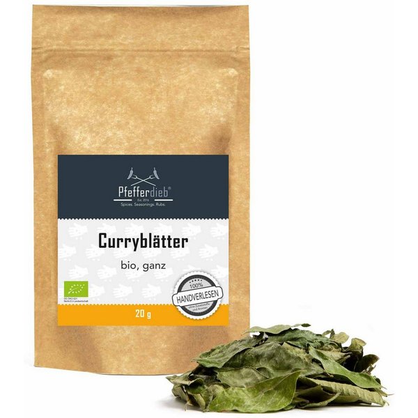 Pfefferdieb Gewürz Premium Curryblätter aus Wildsammlung, ganz, BIO, 20g, Feinwürzig, leicht rauchig mit leichter angenehm frischer Zitrusnote.