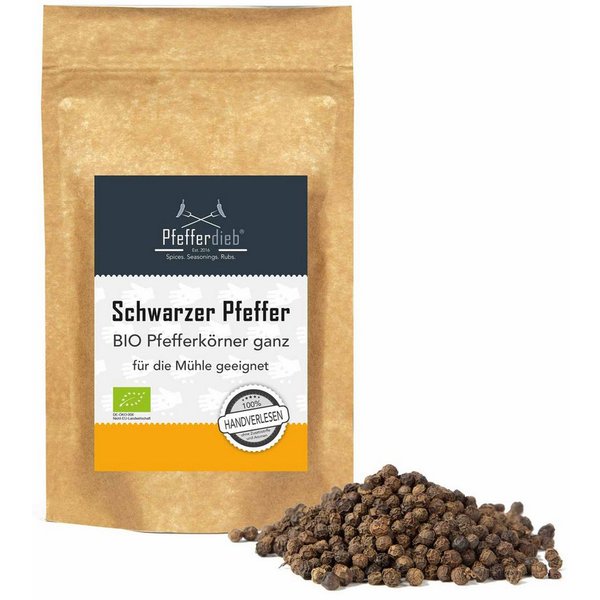 Pfefferdieb Gewürz Schwarzer Pfeffer ganz, Premium Qualität, BIO, 500g, Schöne aromatische Schärfe, leicht zitronig.