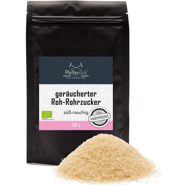 Pfefferdieb Zucker geräucherter Roh-Rohrzucker, BIO, 250g, Süß-rauchige Karamell-Note, die ein außergewöhnliches Aroma verleiht