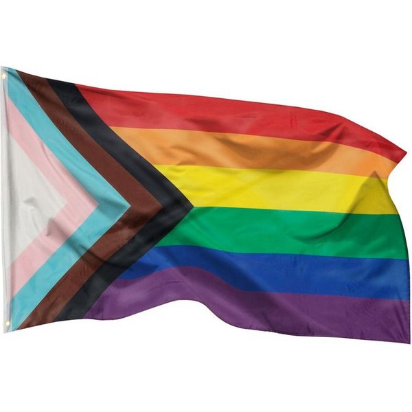 PHENO FLAGS Flagge Progress Flagge Pride Regenbogen Fahne Lgbtq Progressfahne (Hissflagge für Fahnenmast), Inkl. 2 Messing Ösen