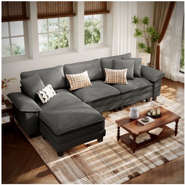 PHI VILLA Ecksofa L-Form Couch, 4-6-Sitzer-Sofa, Modulare Sofas inklusive Zierkissen und Ottomane für das Wohnzimmer