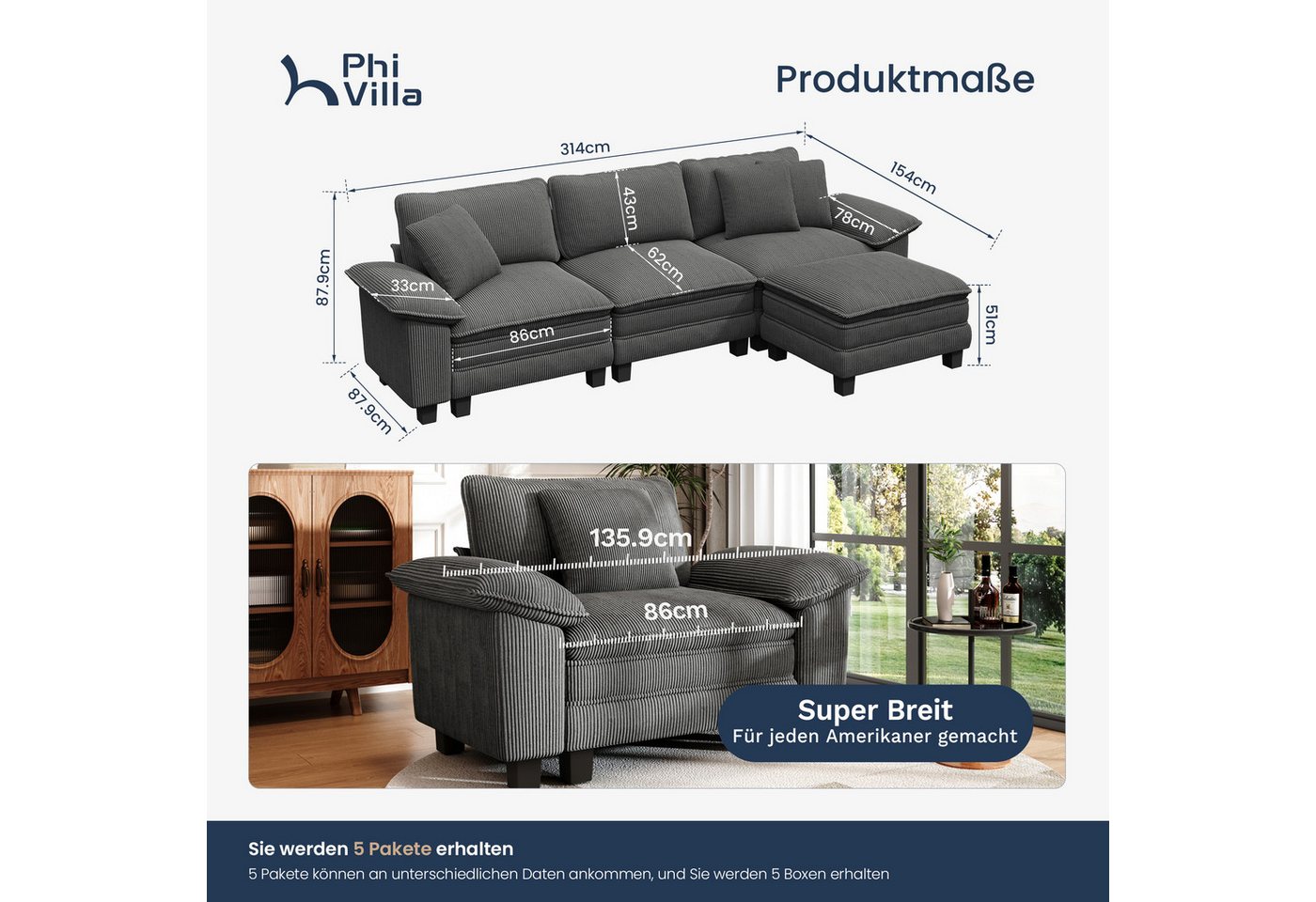 PHI VILLA Ecksofa L-Form Couch, 4-6-Sitzer-Sofa, Modulare Sofas inklusive Zierkissen und Ottomane für das Wohnzimmer – Bild 2 von 5