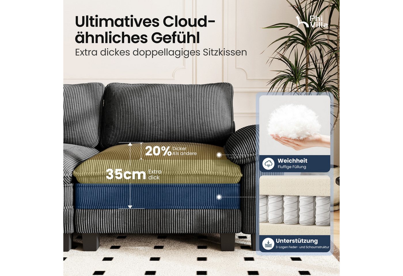 PHI VILLA Ecksofa L-Form Couch, 4-6-Sitzer-Sofa, Modulare Sofas inklusive Zierkissen und Ottomane für das Wohnzimmer – Bild 3 von 5
