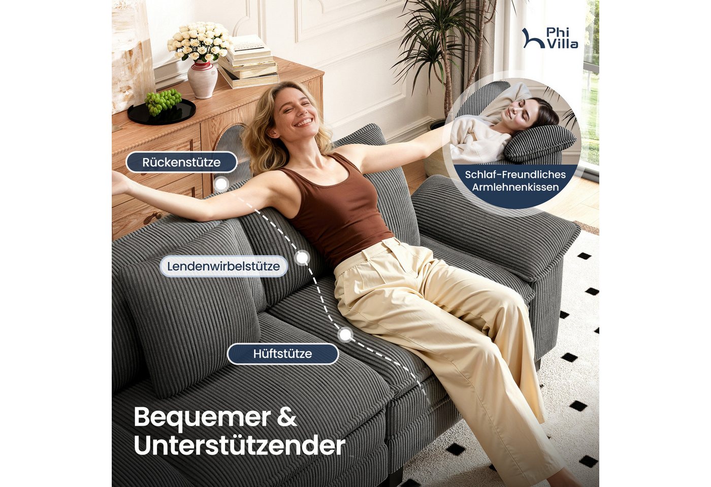 PHI VILLA Ecksofa L-Form Couch, 4-6-Sitzer-Sofa, Modulare Sofas inklusive Zierkissen und Ottomane für das Wohnzimmer – Bild 4 von 5