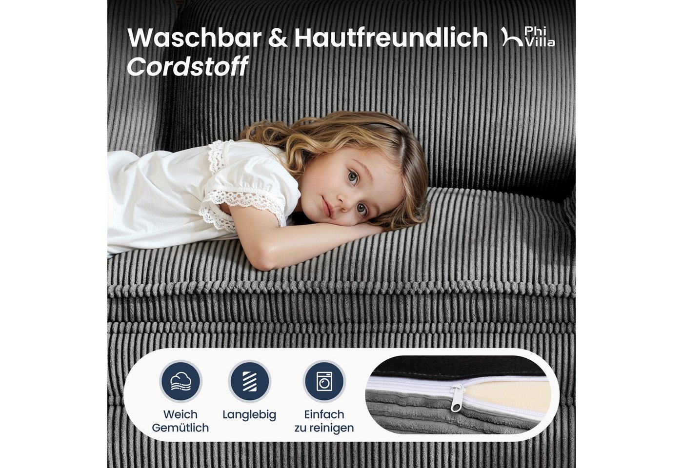 PHI VILLA Ecksofa L-Form Couch, 4-6-Sitzer-Sofa, Modulare Sofas inklusive Zierkissen und Ottomane für das Wohnzimmer – Bild 5 von 5