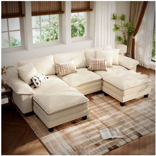 PHI VILLA Ecksofa L-Form Couch, 4-6-Sitzer-Sofa, Modulare Sofas inklusive Zierkissen und Ottomane für das Wohnzimmer