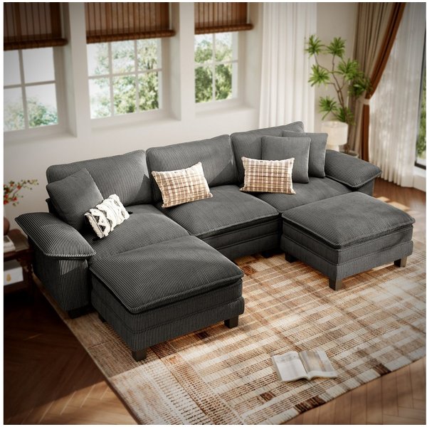PHI VILLA Ecksofa L-Form Couch, 4-6-Sitzer-Sofa, Modulare Sofas inklusive Zierkissen und Ottomane für das Wohnzimmer