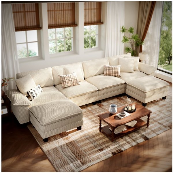 PHI VILLA Ecksofa L-Form Couch, 4-6-Sitzer-Sofa, Modulare Sofas inklusive Zierkissen und Ottomane für das Wohnzimmer