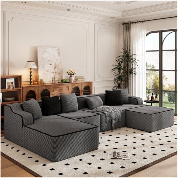 PHI VILLA Ecksofa, Boneless Couch 3-7 Sitzer, L Form Modulares Sofa Wohnzimmer Cord Keine Montage