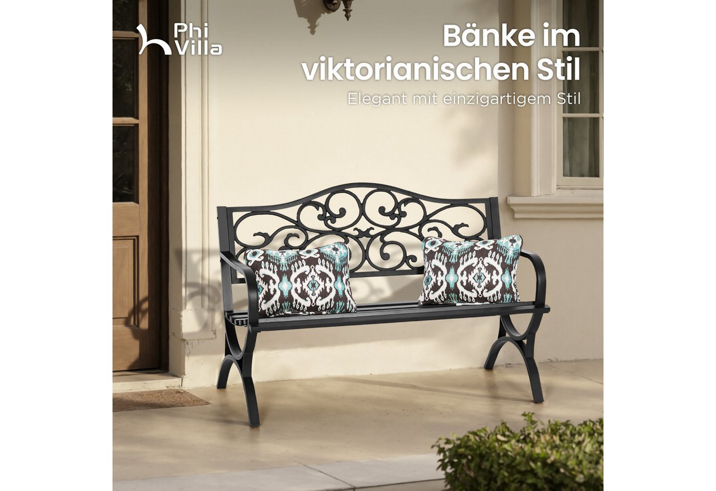 PHI VILLA Gartenbank (Gartenbank, Für den Außenbereich geeignete Bank für 2-3 Personen), Mit gusseiserner Rückenlehne und stabilem Stahlrahmen – Bild 2 von 5