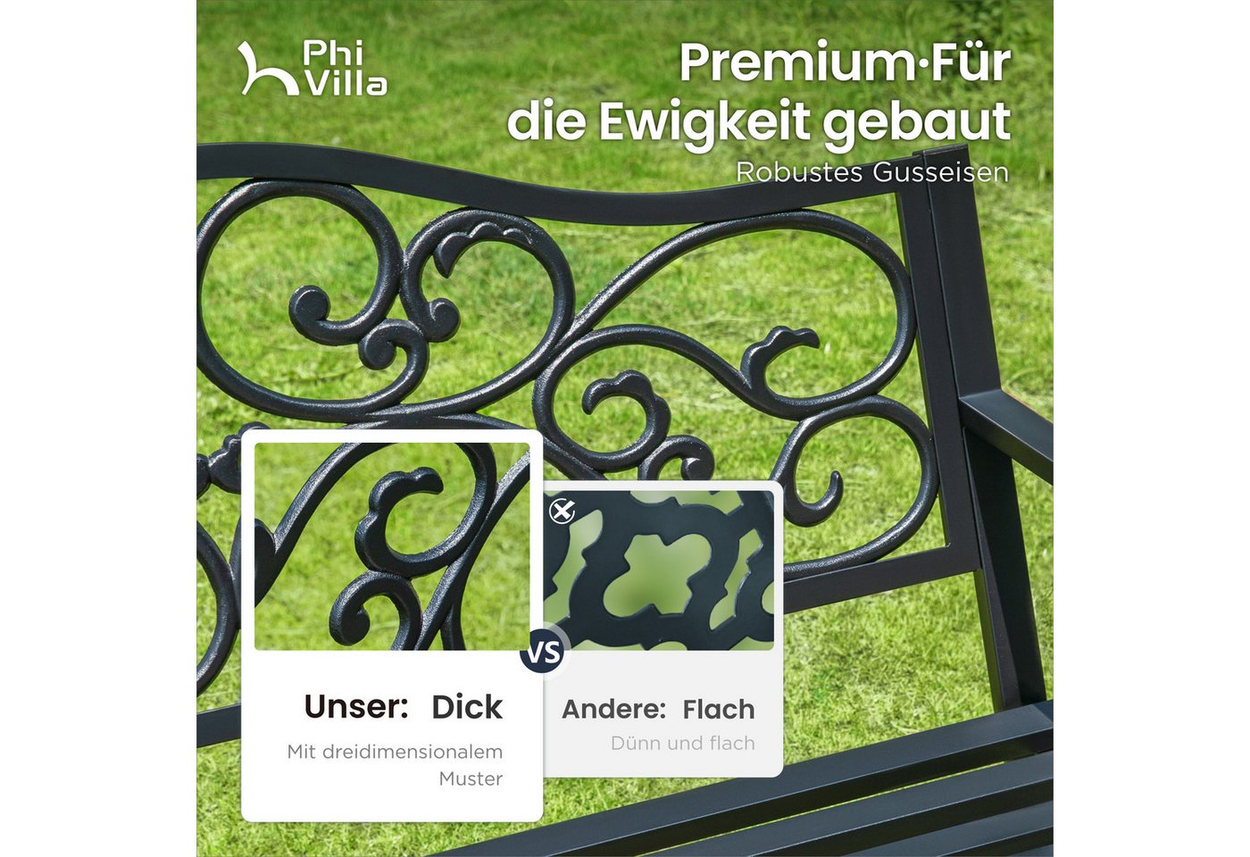 PHI VILLA Gartenbank (Gartenbank, Für den Außenbereich geeignete Bank für 2-3 Personen), Mit gusseiserner Rückenlehne und stabilem Stahlrahmen – Bild 3 von 5