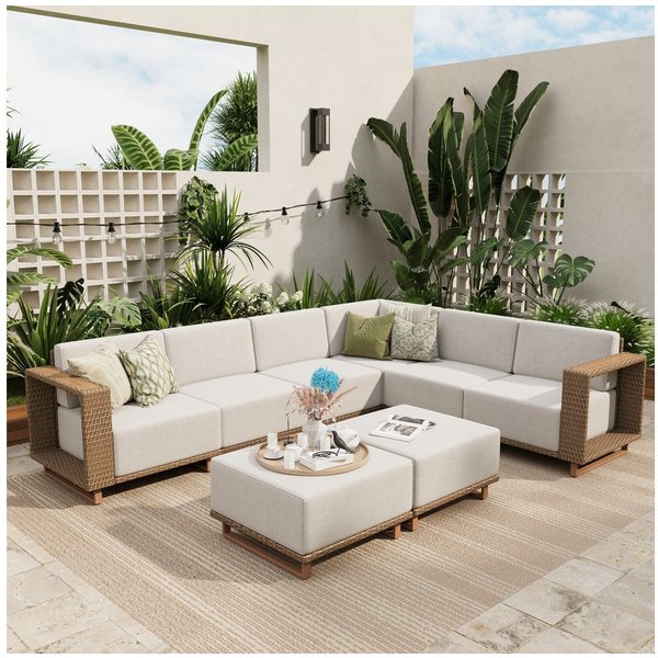 PHI VILLA Gartenlounge-Set, (Rattan Gartenmöbel Set Balkonmöbel, Allwetter Gartensofa Terassenmöbel Außen mit Dicken Weißen Kissen), Lounge Möbel Outdoor Sofa S