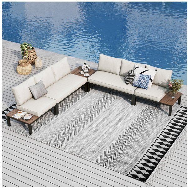 PHI VILLA Gartenlounge-Set, (Gartenmöbel Balkonmöbel mit Verstärkten Kissen und Kaffeetisch), Metall Lounge Möbel Outdoor Gartenlounge, Beige