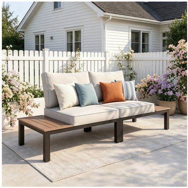 PHI VILLA Gartenlounge-Set, (Gartenmöbel Balkonmöbel mit Verstärkten Kissen und Kaffeetisch), Metall Lounge Möbel Outdoor Gartenlounge, Beige