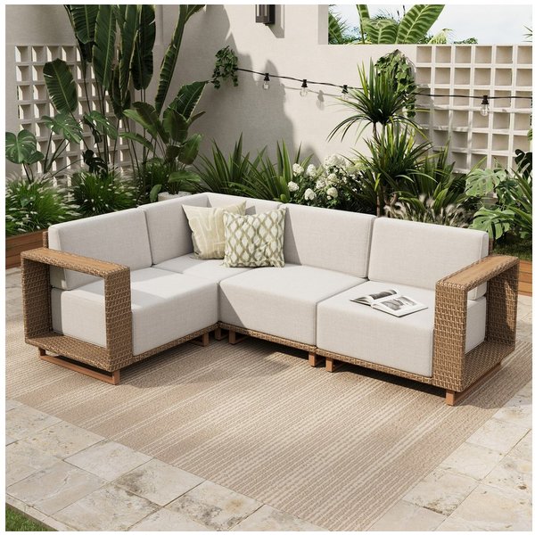 PHI VILLA Gartenlounge-Set, (Rattan Gartenmöbel Set Balkonmöbel, Allwetter Gartensofa Terassenmöbel Außen mit Dicken Weißen Kissen), Lounge Möbel Outdoor Sofa S