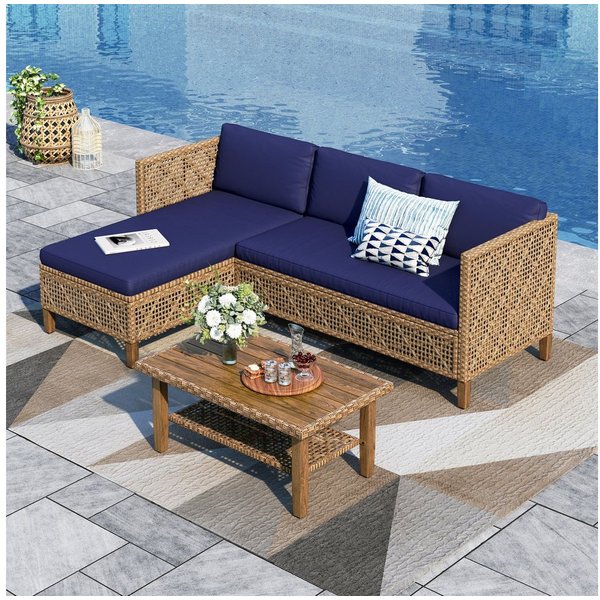 PHI VILLA Gartenlounge-Set, (1 Zweisitzer-Sofa, 1 Chaiselongue und 1 Kleiner Couchtisch, PE Rattan Lounge Möbel Outdoor), 4 Personen Terassenmöbel Außen Gartens